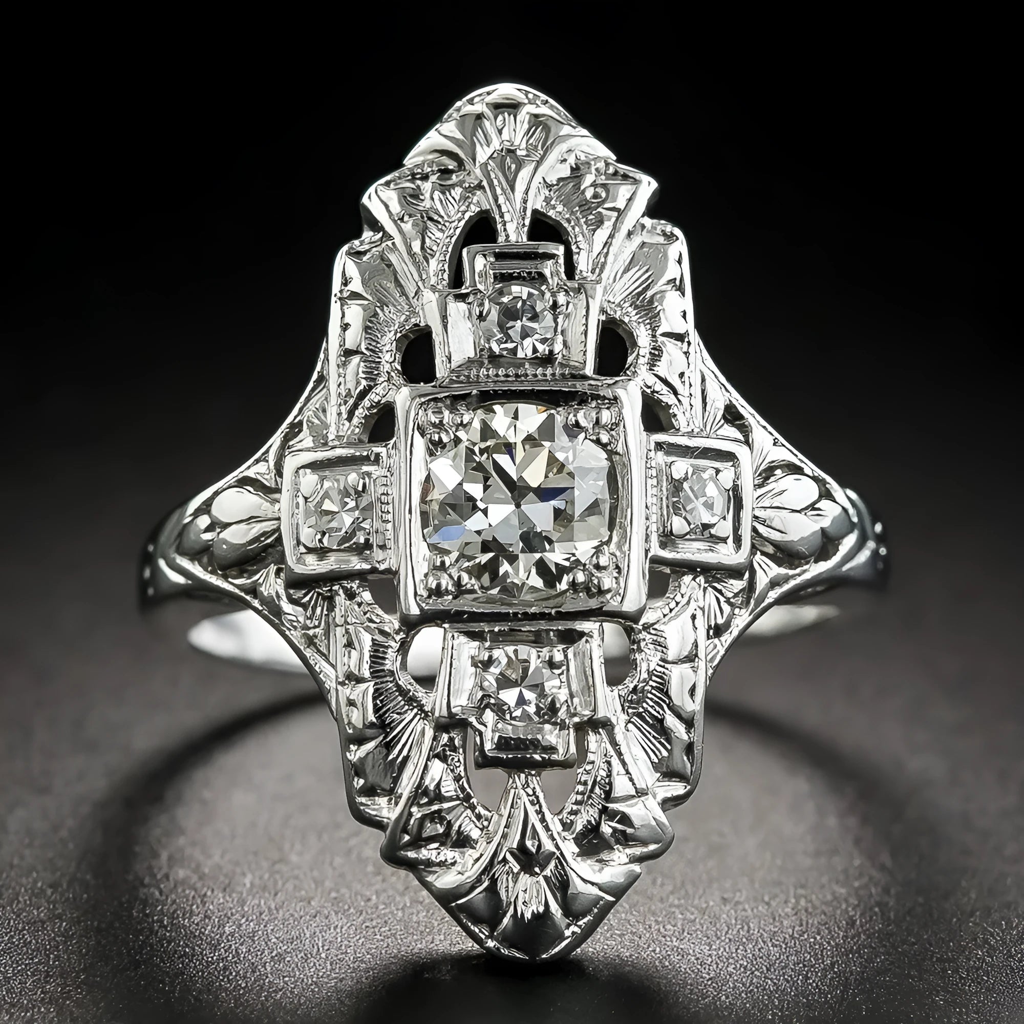Silver hollow out geometry ring with diamond studs on copper base