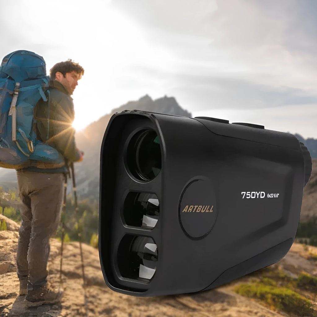 Golf laser rangefinder with LCD display showing distance measurement, USB Type-C charging port visible.