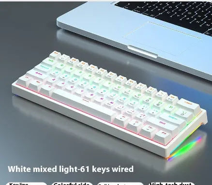 61-key bluish-black and white mechanical keyboard with hot-swap switches on desk