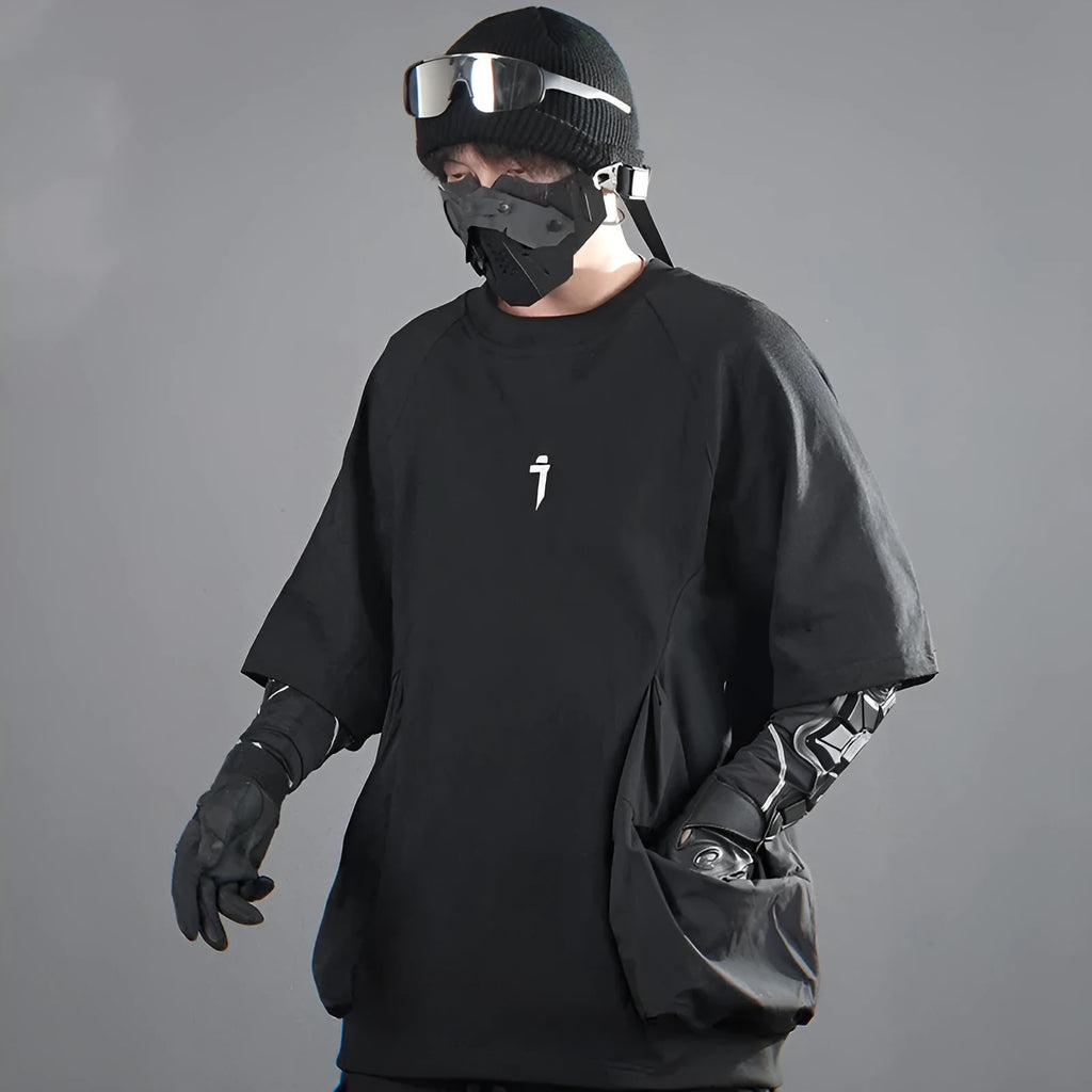 Men's loose casual cotton t-shirt with big pockets in black and grey colours