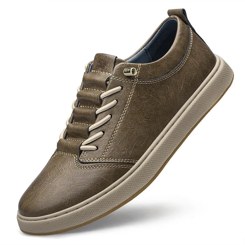 Men's big size cowhide leather board shoes in beige with round toe and low-cut lace-up design