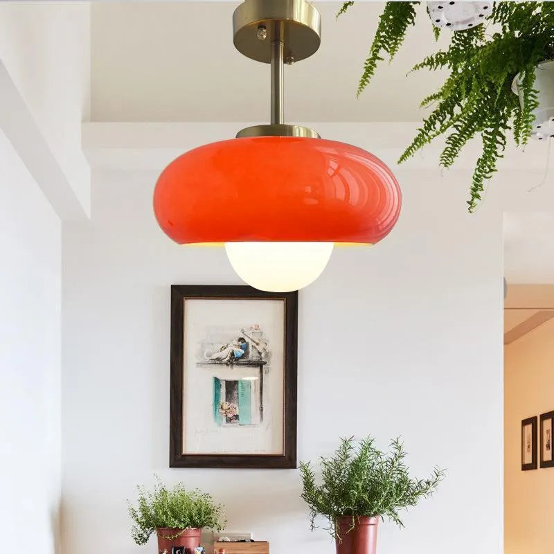 Milk white Bauhaus pendant light with three egg tart-shaped glass shades for bedroom or dining room