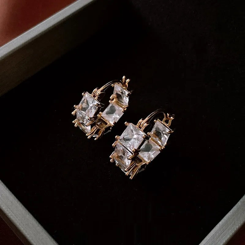 Gold-tone U-shaped ear clips with inlaid zircon and geometric quadrilateral design for women