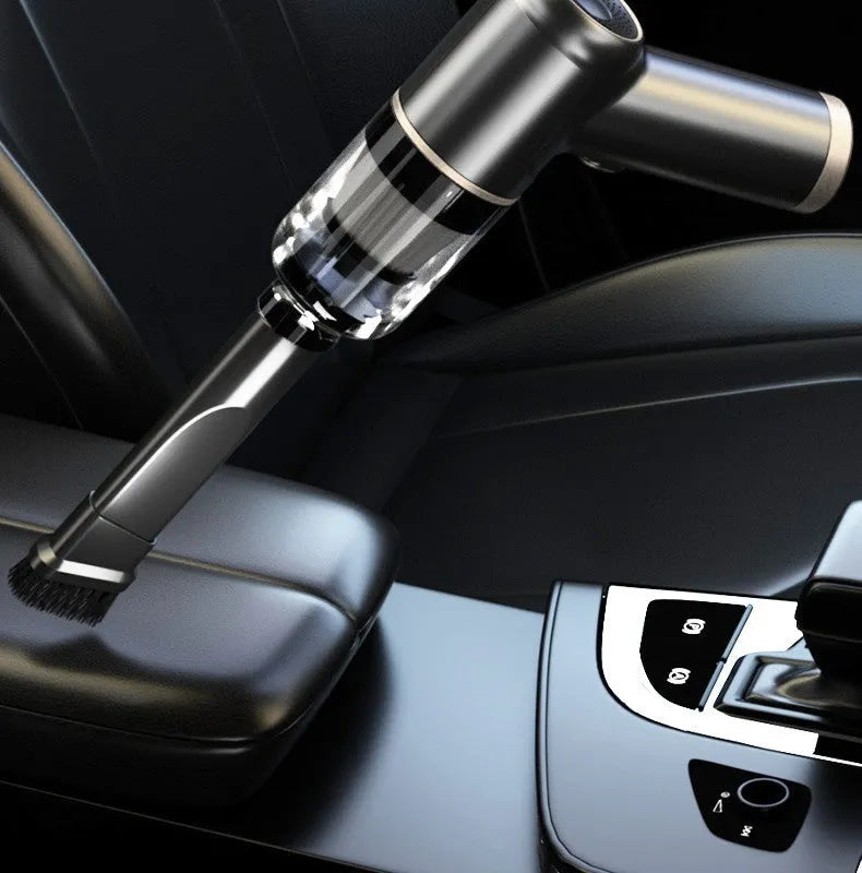 Black wireless handheld car vacuum cleaner with multiple nozzle attachments for interior cleaning