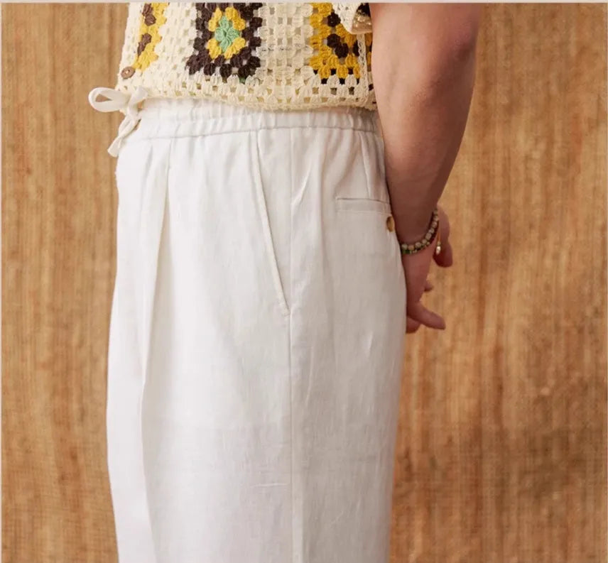 Linen straight-leg trousers with elasticated high waist in navy blue colour