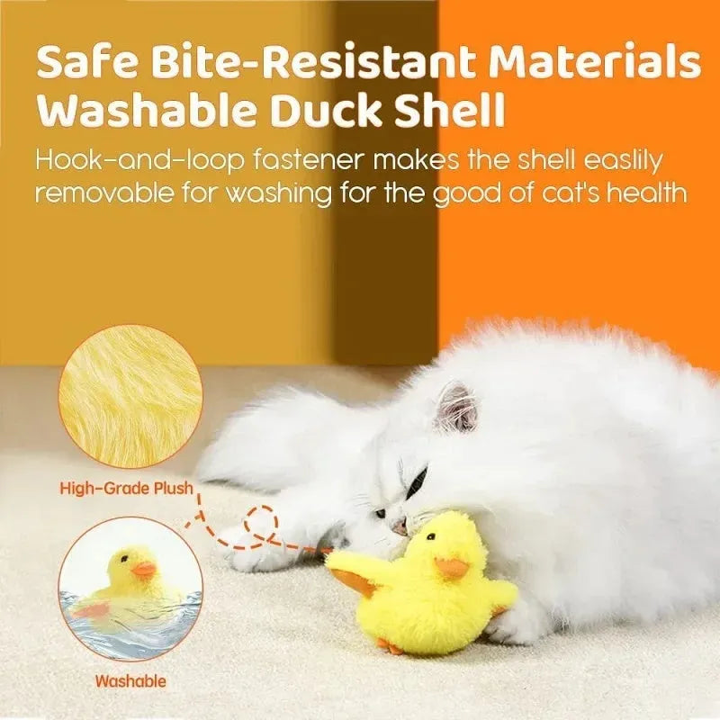Yellow flapping duck interactive cat toy with motion sensor on a plain background.