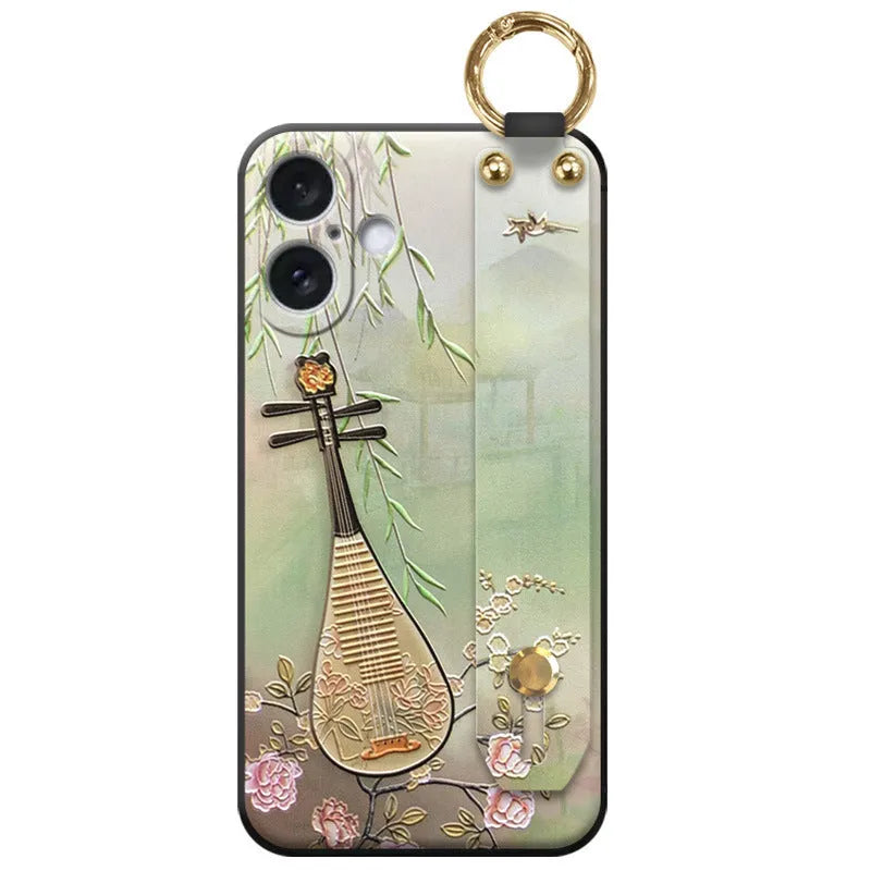 Retro black woven TPU phone case with blue pipa flower-bird print for Apple iPhone