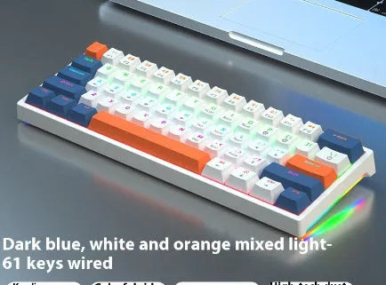 61-key bluish-black and white mechanical keyboard with hot-swap switches on desk