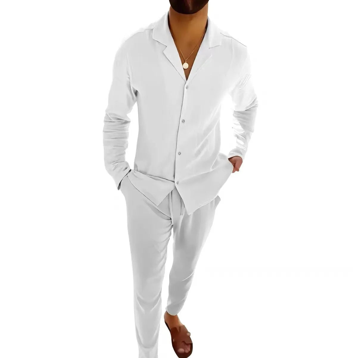 Men's cotton casual suit set with long-sleeve lapel shirt and slim-fit trousers in beige