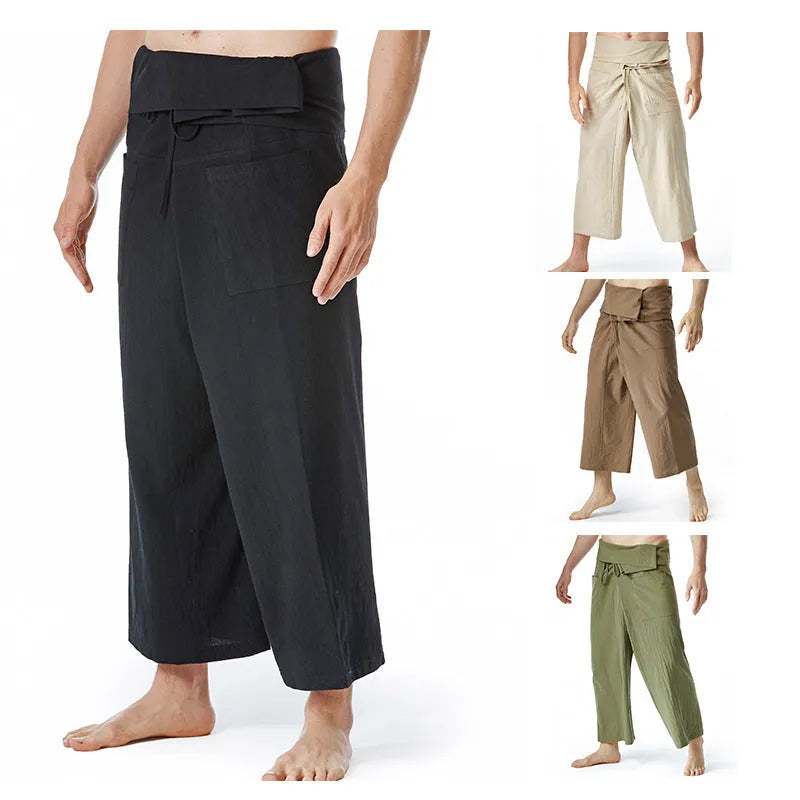 Linen blend drawstring harem pants in solid colour, loose straight-leg style for yoga and leisure