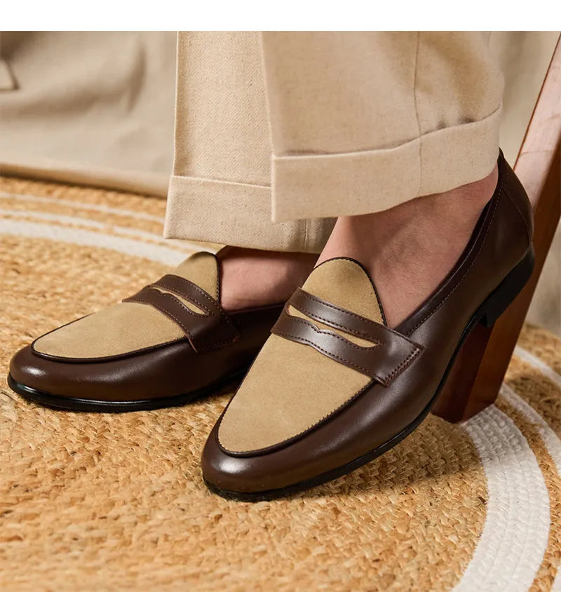 Coffee grey suede leather loafers with a slip-on design and rubber sole
