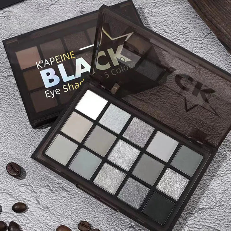 15-colour matte shimmer eye shadow palette with grey black shades for smoky makeup