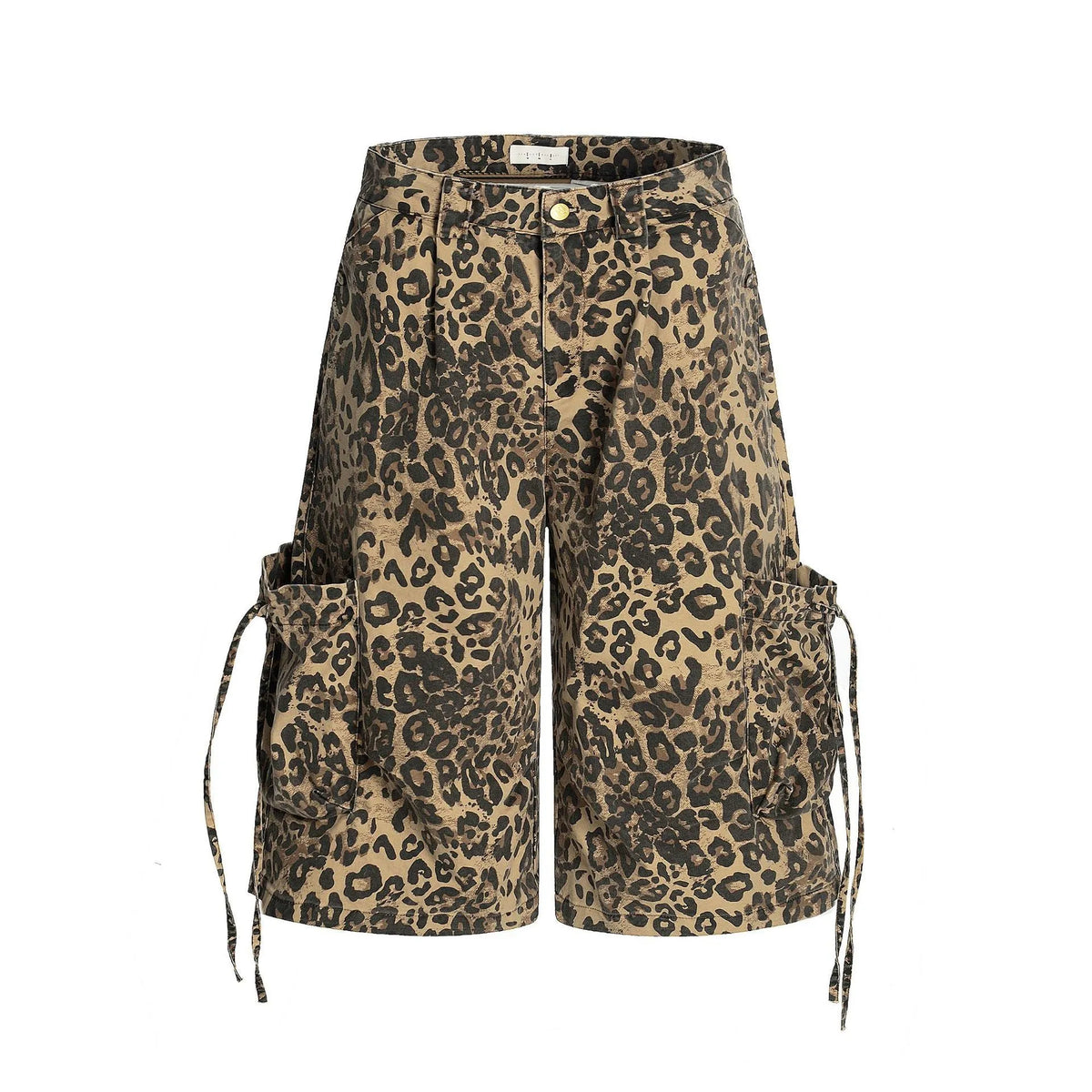 A pair of loose-fitting, high-waisted, straight-leg cropped pants in a leopard print pattern.