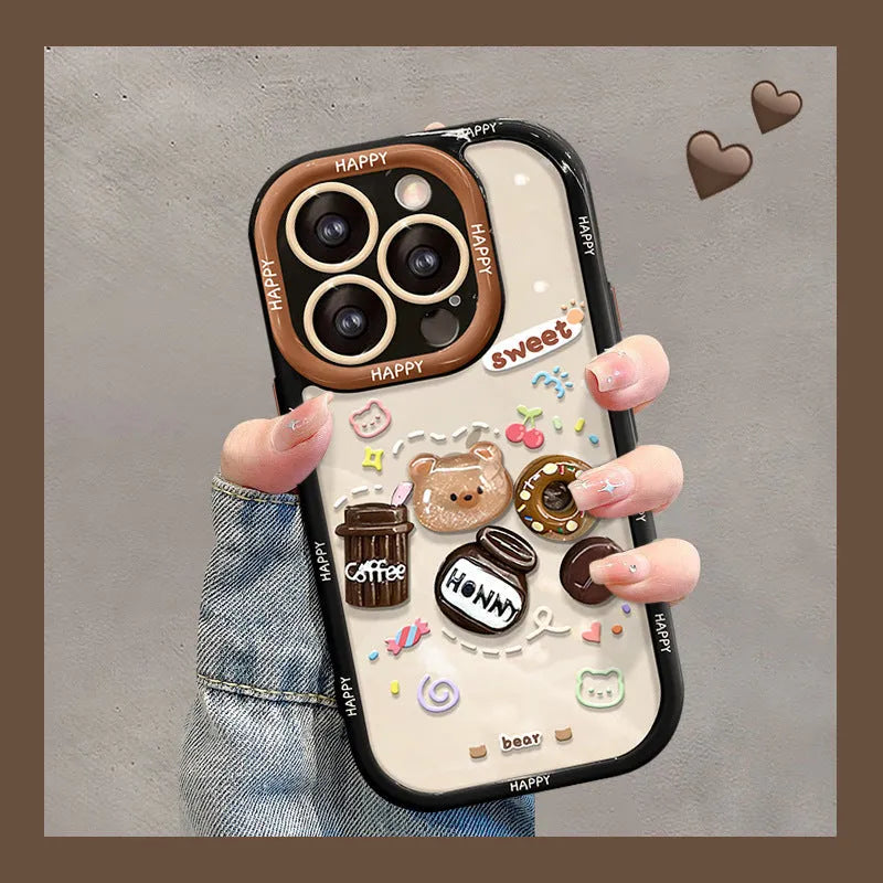 Coffee bear 3D doll pendant silicone phone case in cream black for Apple iPhone