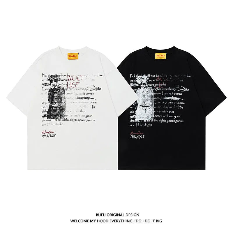 Men's black and white pure cotton t-shirt with loose fit and hip hop retro style
