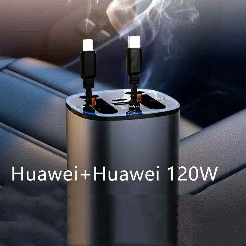 Car USB charger with retractable cable and four charging ports for multiple devices