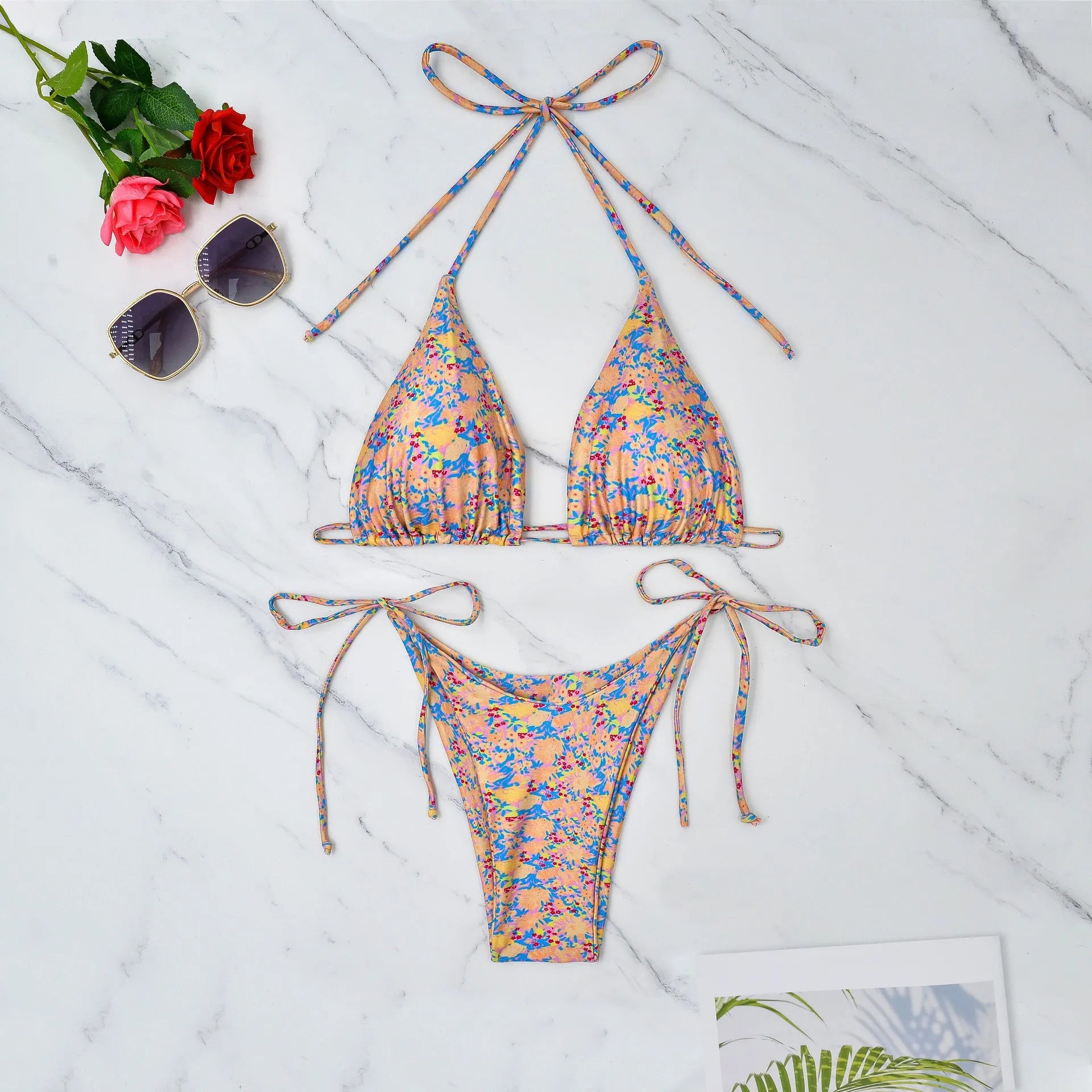 Lace-up front backless bikini swimsuit in split style with European sizing