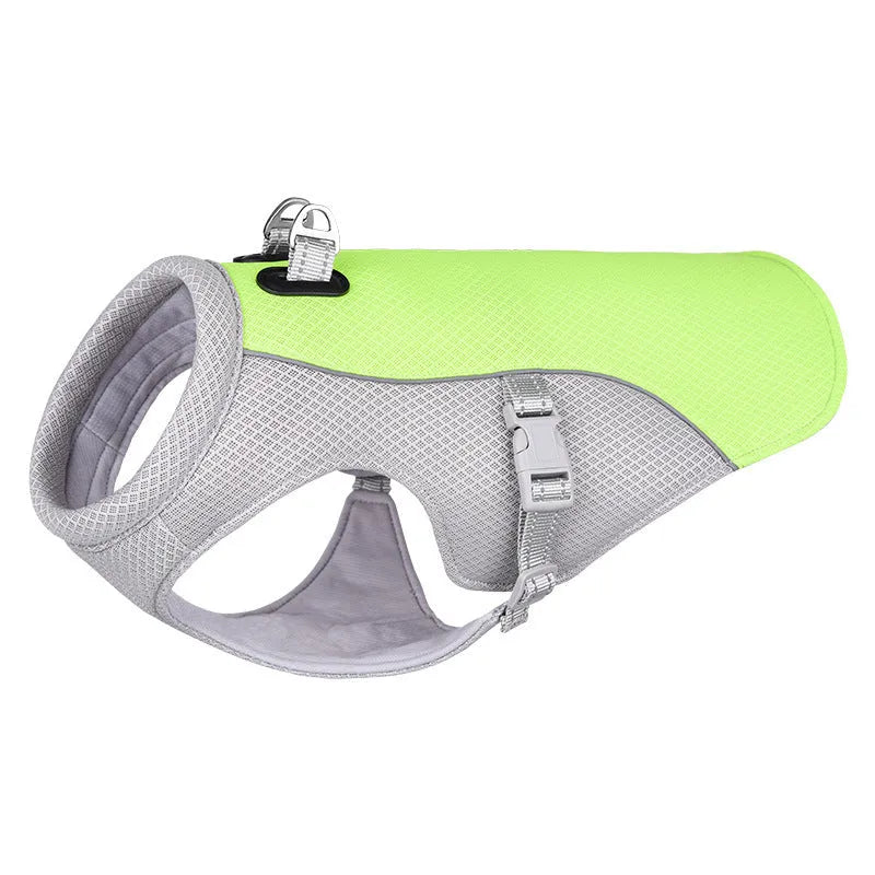 Dog wearing orange cooling vest with heat reflective outer layer and UV protection, designed for outdoor walks in summer