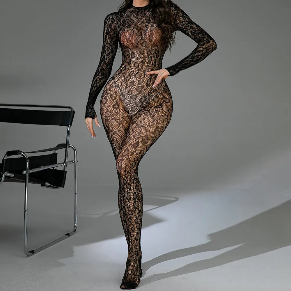 Black fishnet lingerie bodysuit with long sleeves and backless jacquard detail