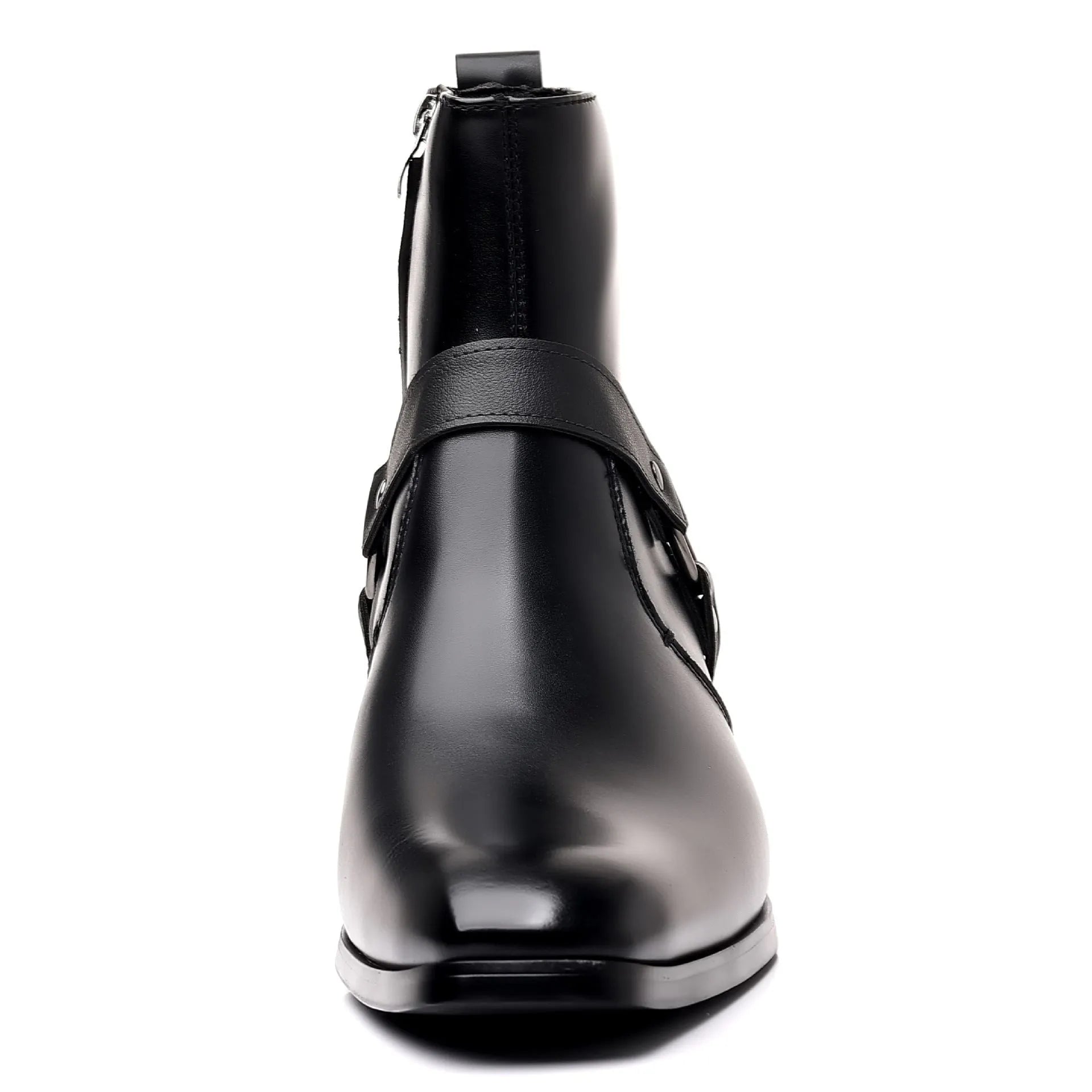 Unisex black chunky chain boots with side zip, square toe, and a thick rubber sole.