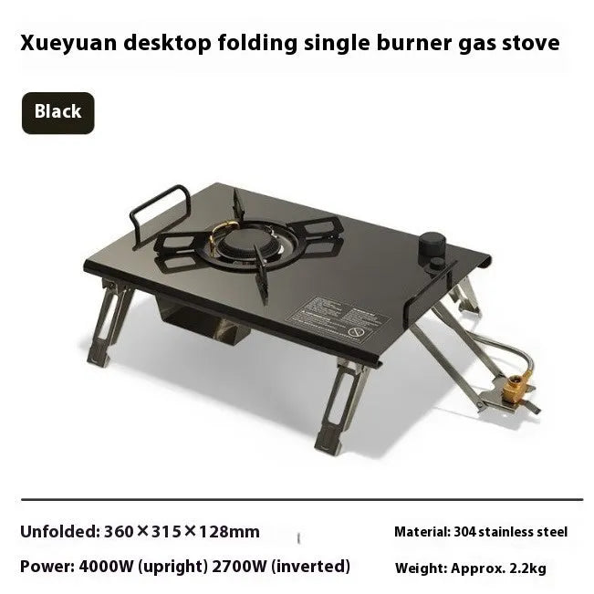 Portable foldable camping gas stove with ignition, isobutane mixture fuel, shown with beige or black IGT furnace belt bag