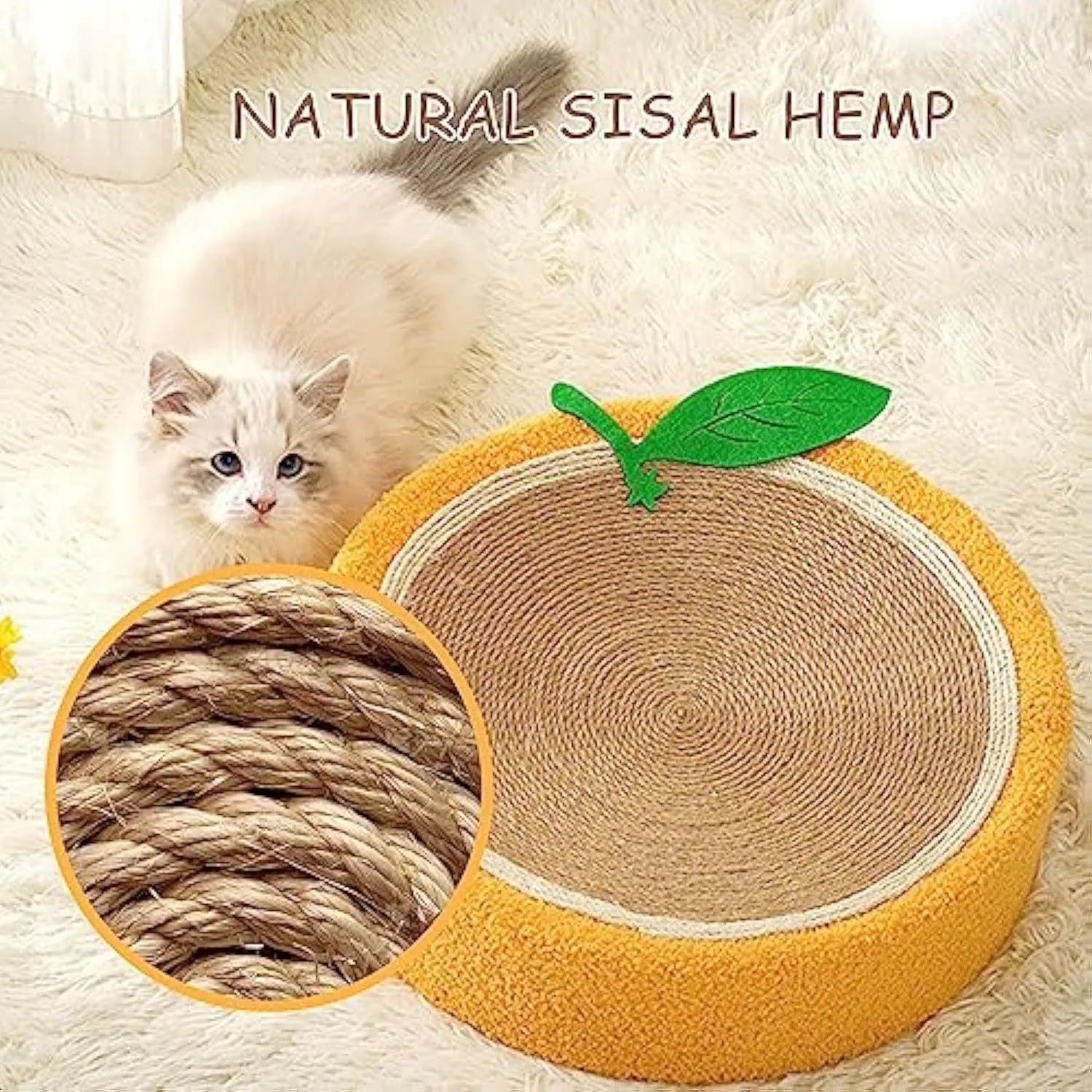 Yellow fruit-shaped sisal cat scratching board and round bed for small cats.