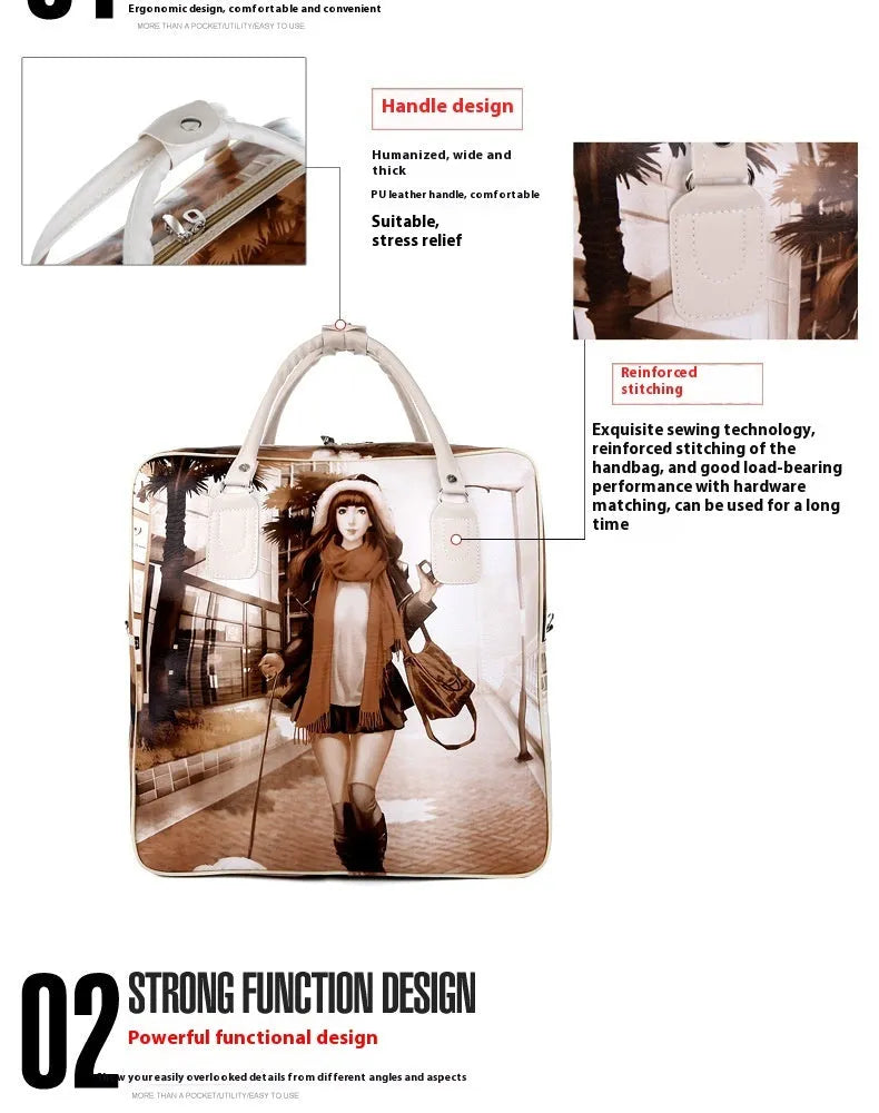 Waterproof PU leather travel handbag, medium 20-35L, square vertical model, soft handle, Les Girls or Tower Beauty colour