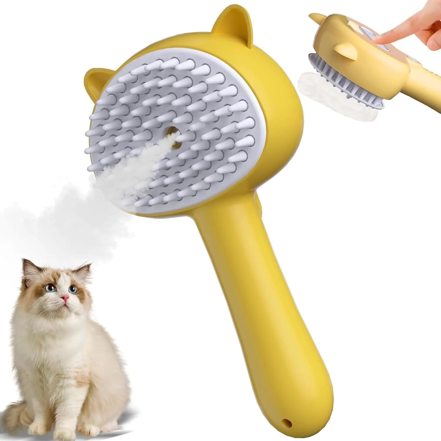 Blue cat ear-shaped steam brush with rubber bristles and release button for pet grooming