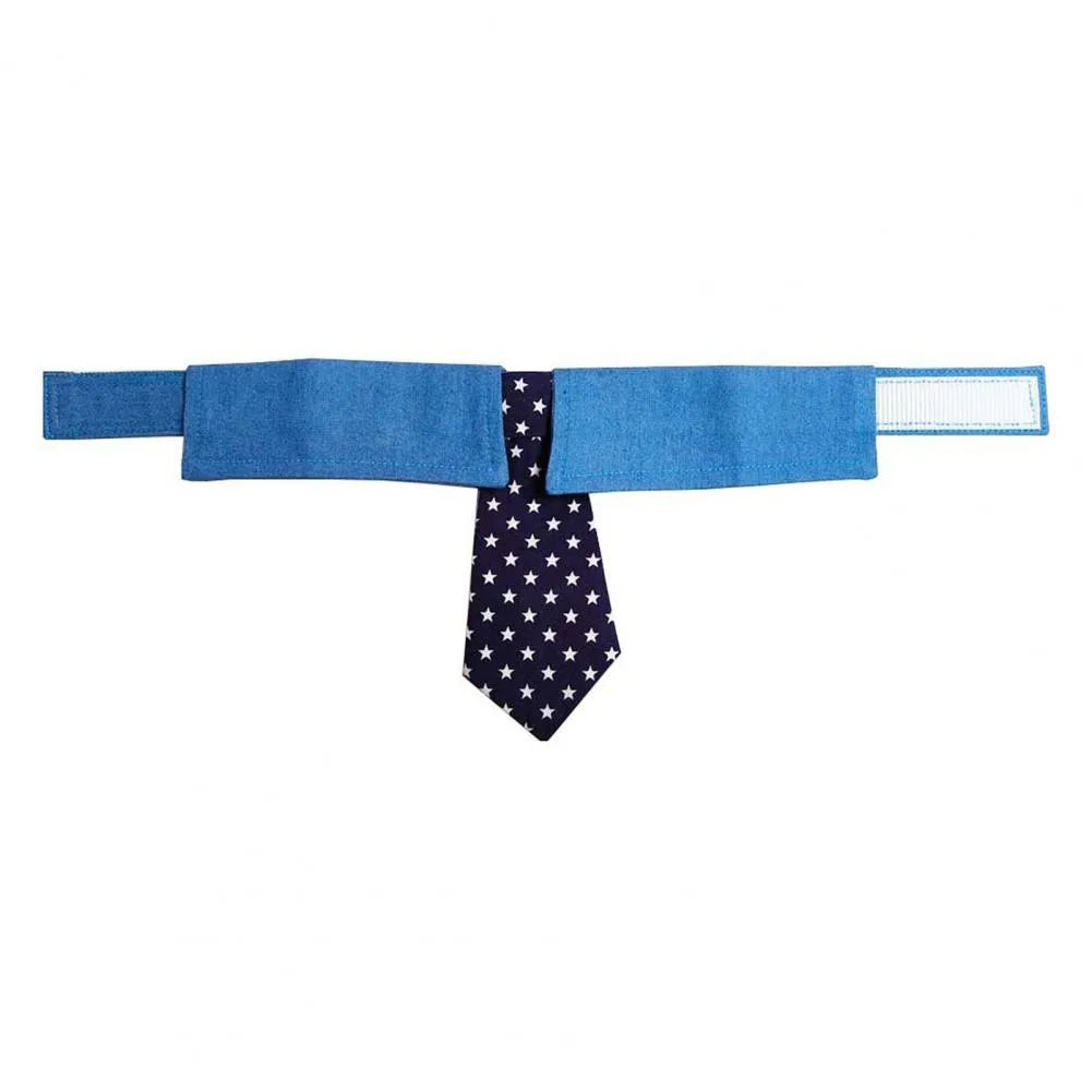 Blue denim dog collar with white star pattern necktie, adjustable fastener tape, shown in three sizes