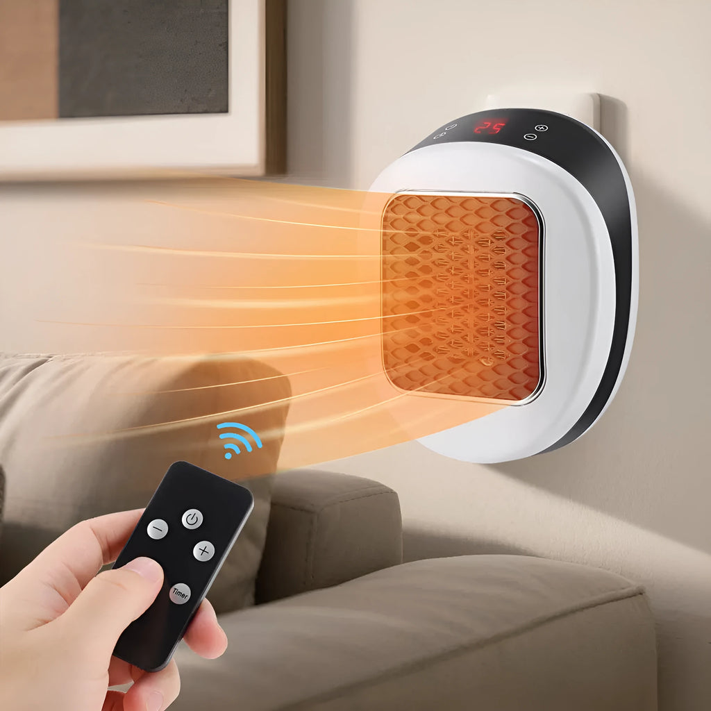 White ceramic heating electric hot air blower with remote control on a table