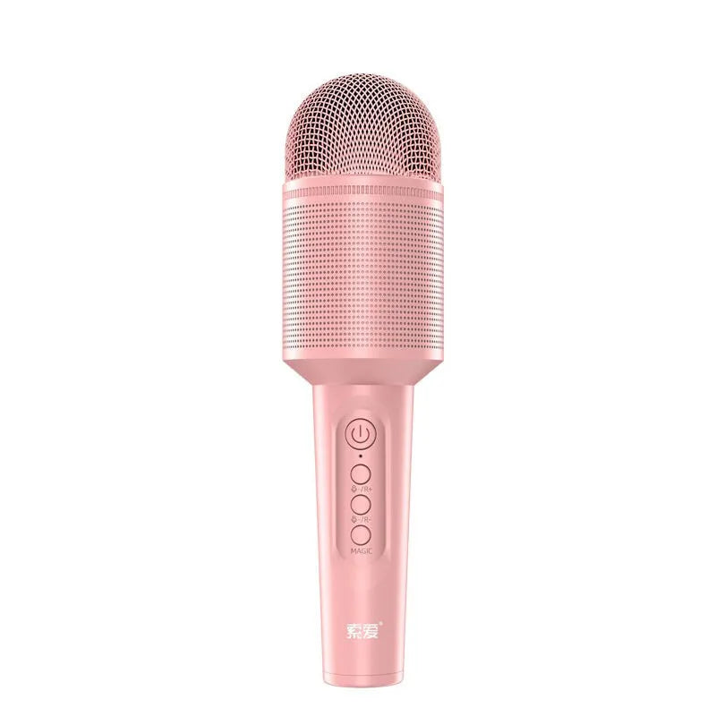 Girly pink wireless Bluetooth karaoke microphone with USB connectivity style.