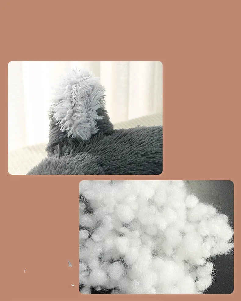 Cloth round pet nest for rabbit or small dog, available in 40cm to 80cm sizes and nine colours including dark grey and beige.