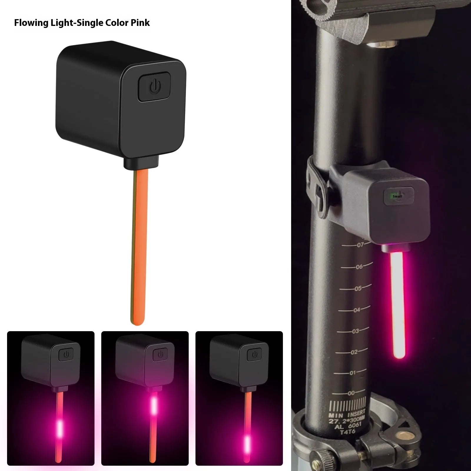 USB rechargeable bicycle running water tail light with silicone strap mount on a bike seat tube.