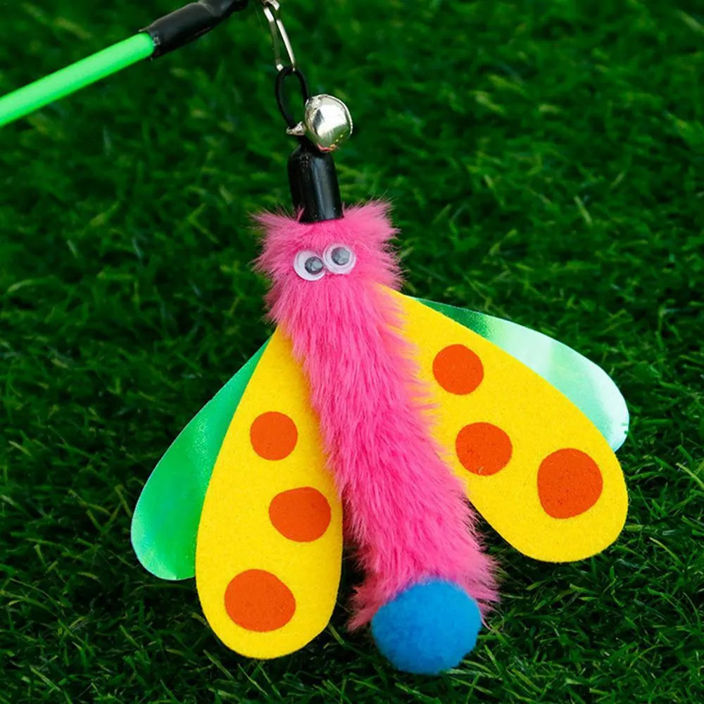 Blue cat wand toy with dragonfly attachment and bell on 49cm stick for interactive indoor cat play