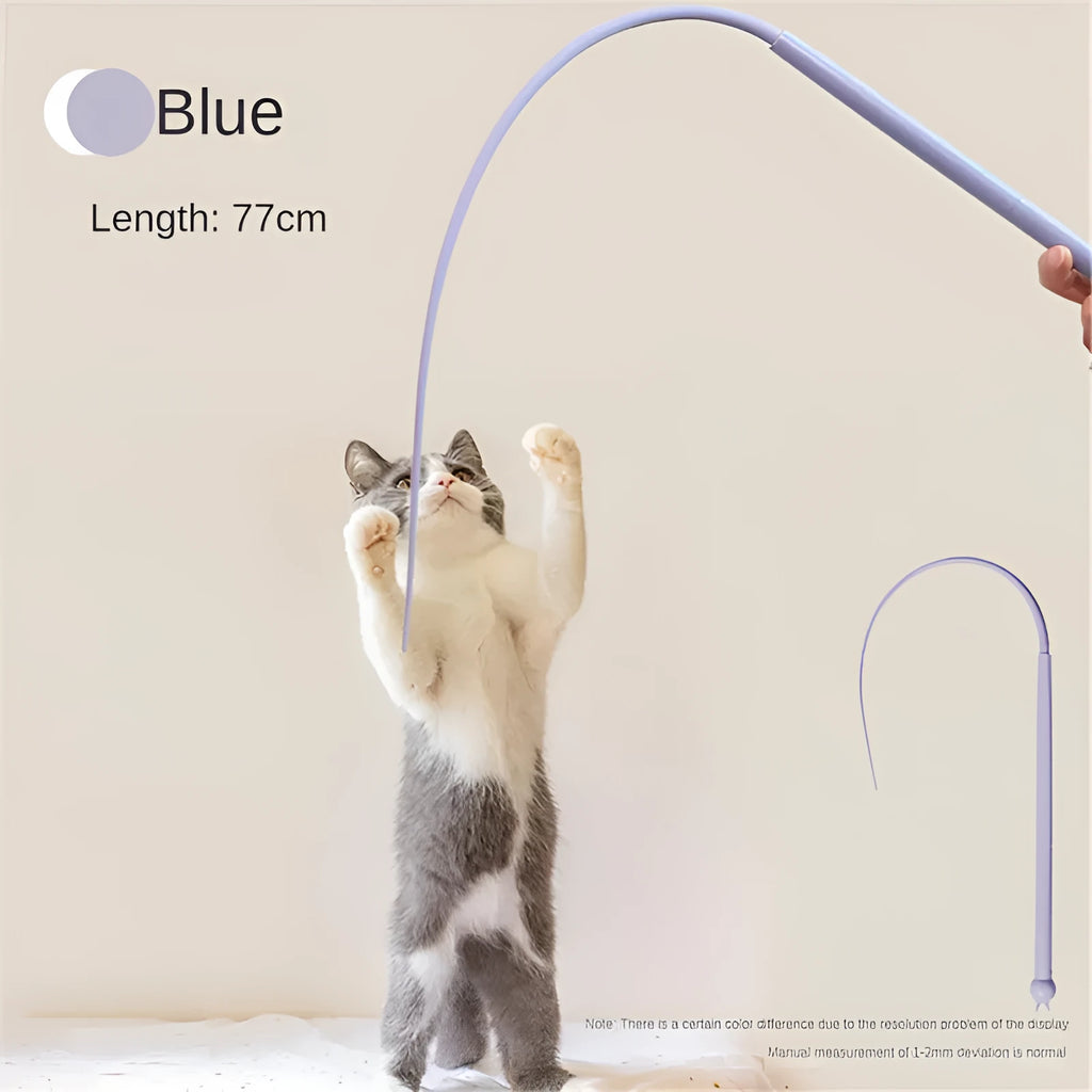 Blue cat toy wand with silicone mouse tail and ABS plastic handle for interactive pet play