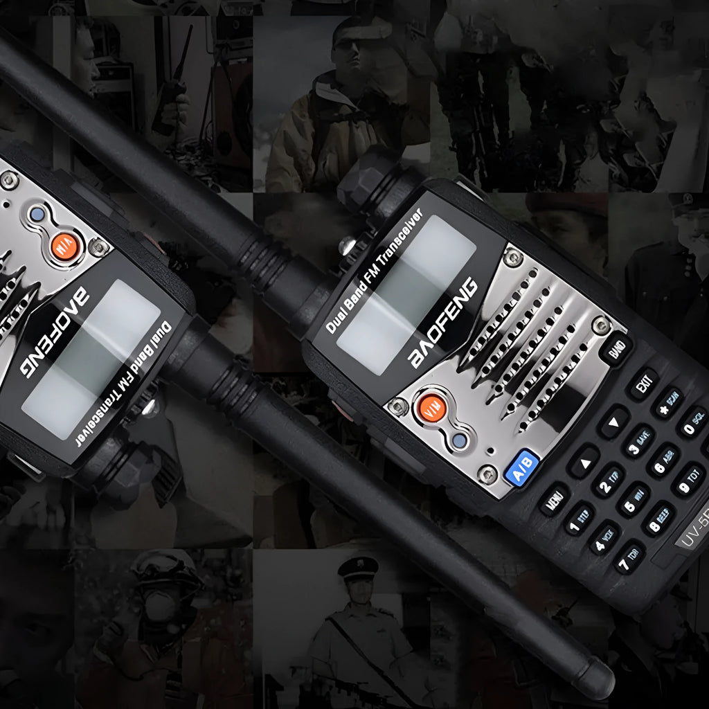 Baofeng UV-5RA handheld dual band two-way radio on a grey background.
