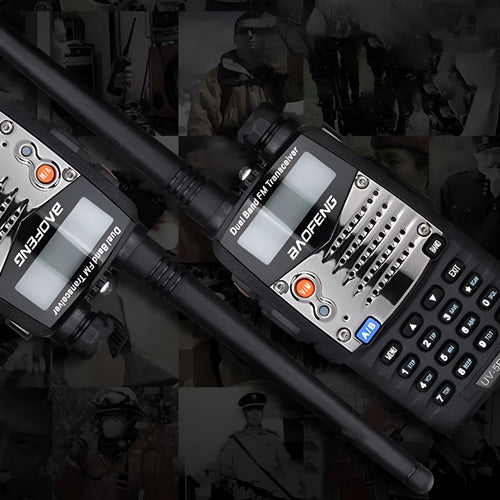 Baofeng UV-5RA handheld dual band two-way radio on a grey background.