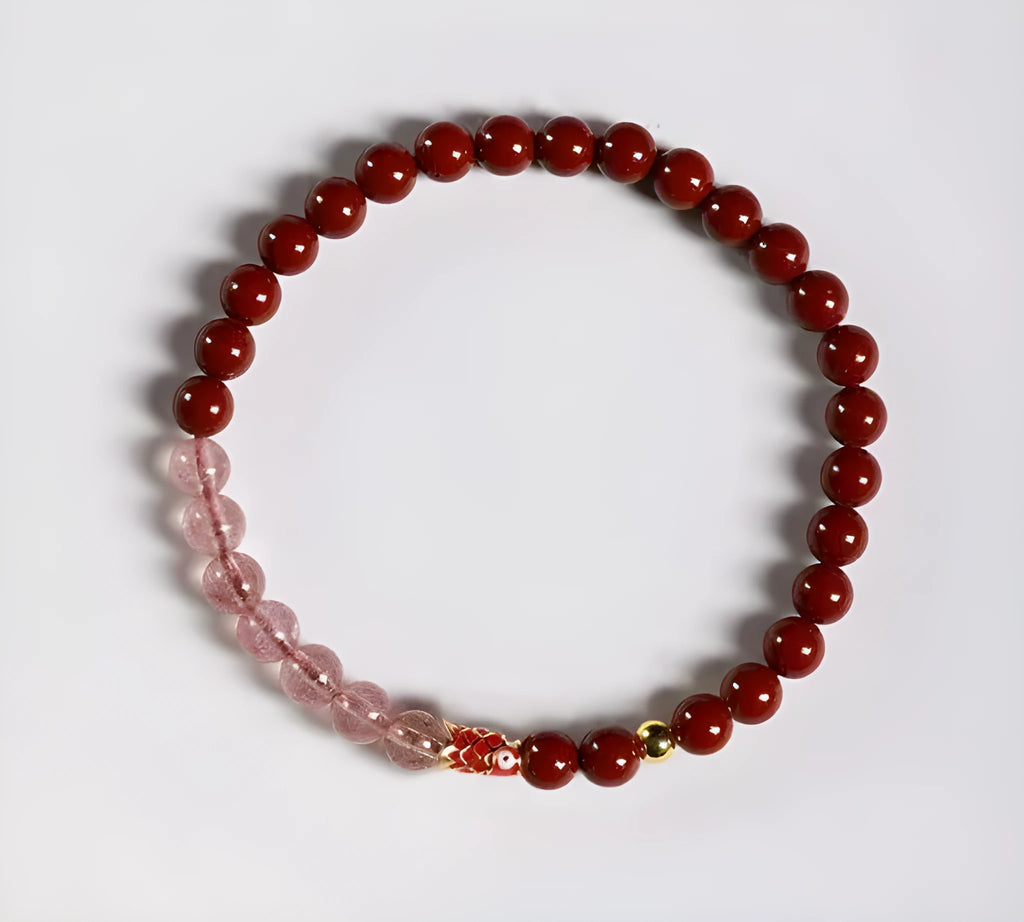 Hand-woven unisex retro Koi bracelet with Purple Gold Sand, Strawberry Quartz, and crystal beads on display