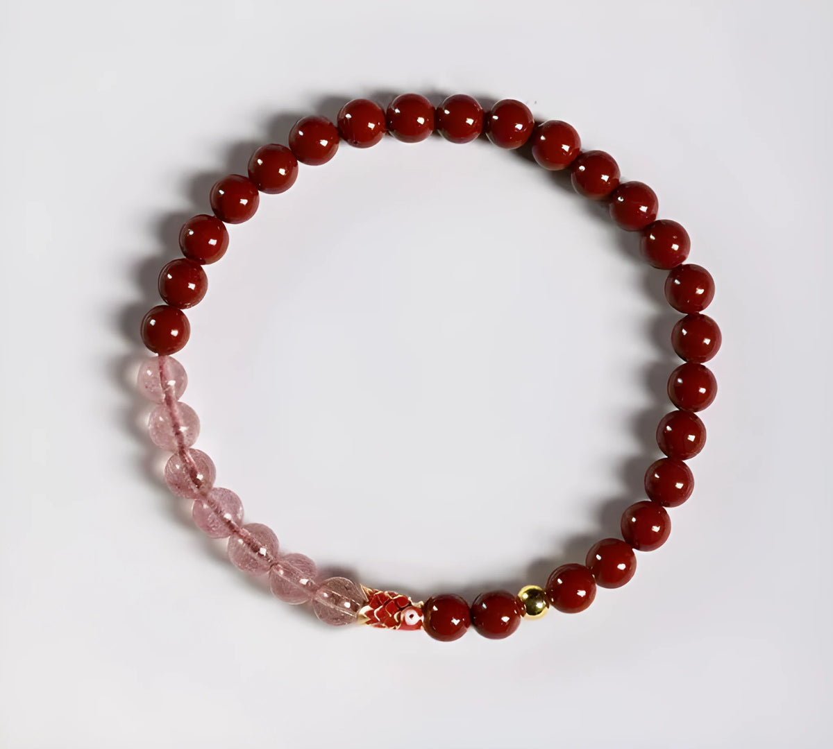 Hand-woven unisex retro Koi bracelet with Purple Gold Sand, Strawberry Quartz, and crystal beads on display