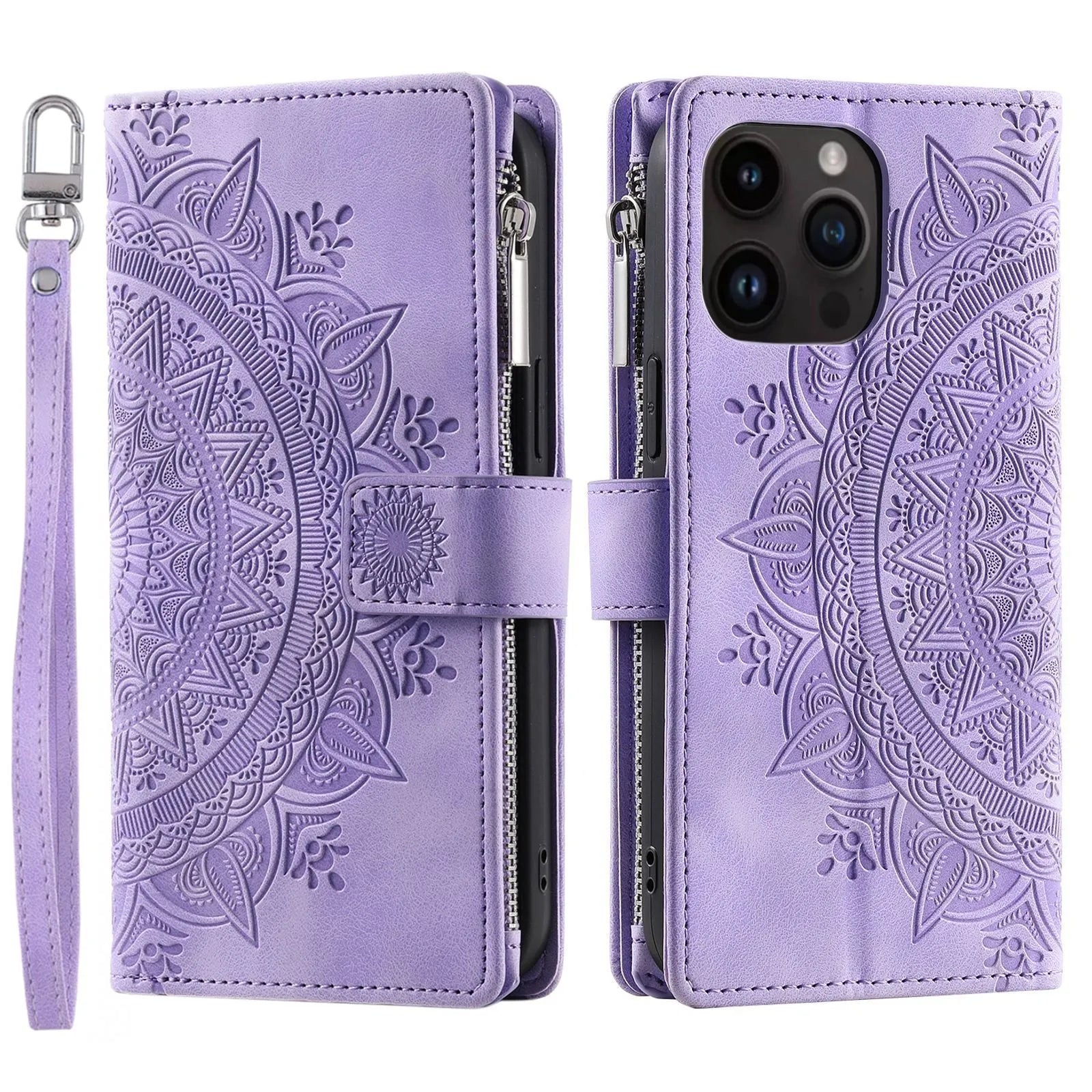 Faux leather card zipper phone case in purple with embossed texture and magnetic closure for iPhone 16