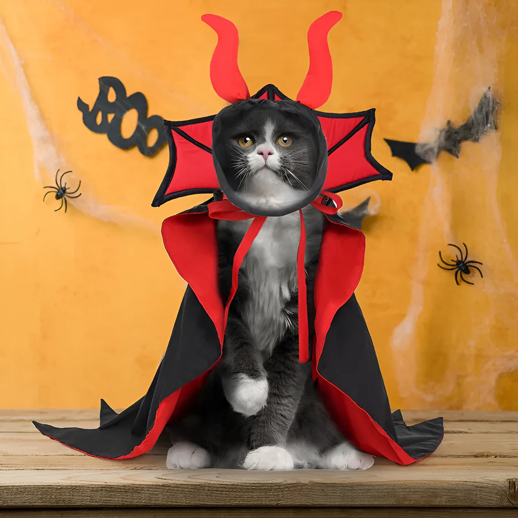 Black polyester vampire cloak and hat Halloween costume for a pet dog or cat.