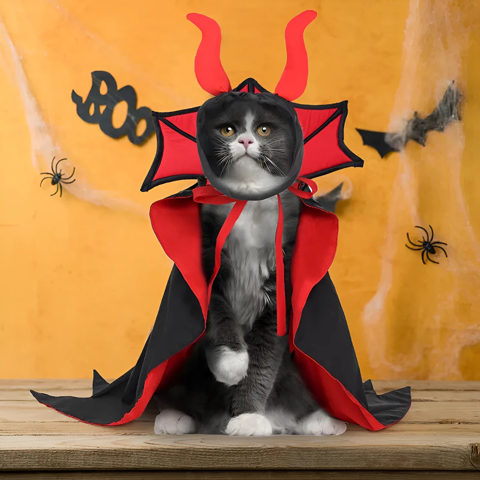 Black polyester vampire cloak and hat Halloween costume for a pet dog or cat.