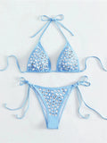 Women's light blue nylon bikini with rhinestone crystal ornaments, brief style, sleeveless, size S M L