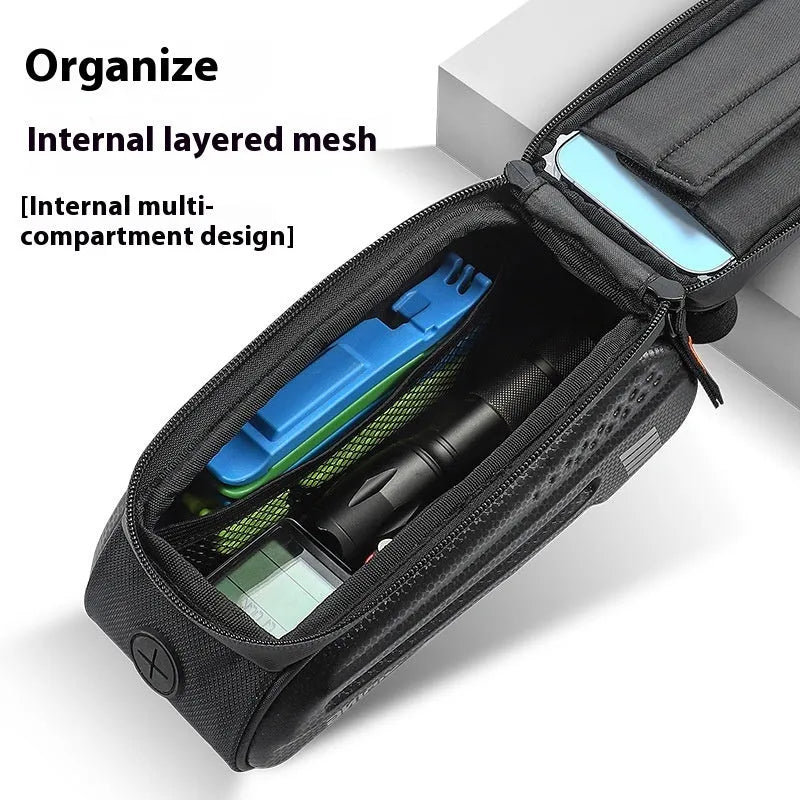 Black bicycle upper tube hard shell front beam bag in EVA and polyester fibre, 7.0 inches, 1.5L capacity