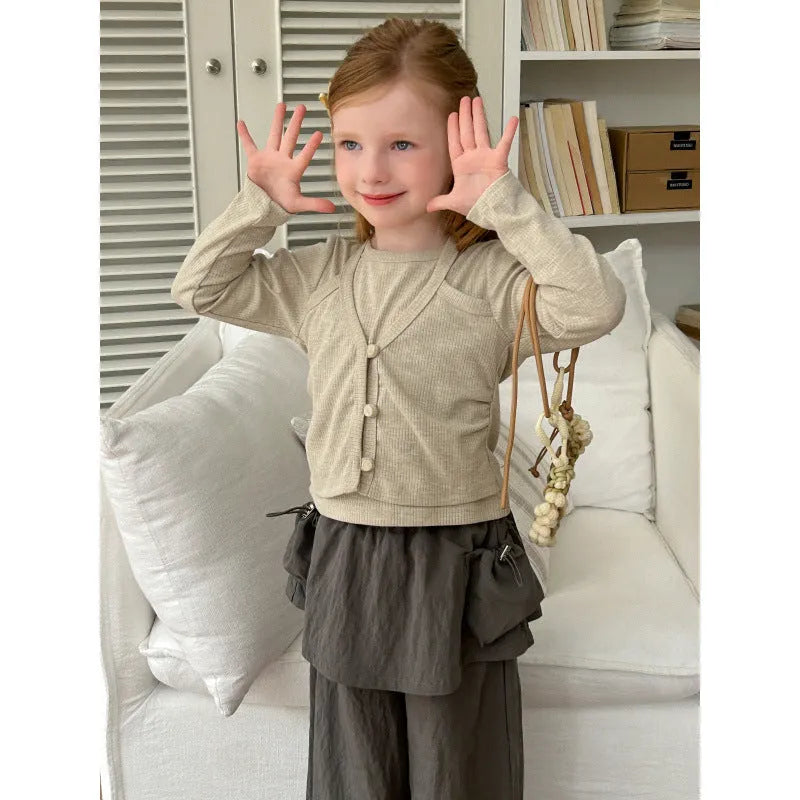 Girls apricot cotton knitwear t-shirt with cartoon pattern, sizes 90cm to 150cm