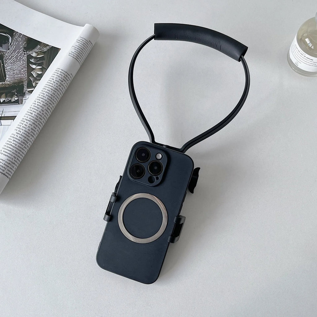 Black plastic universal cell phone neck hanging bracket with phone clip and anti-slip cushion