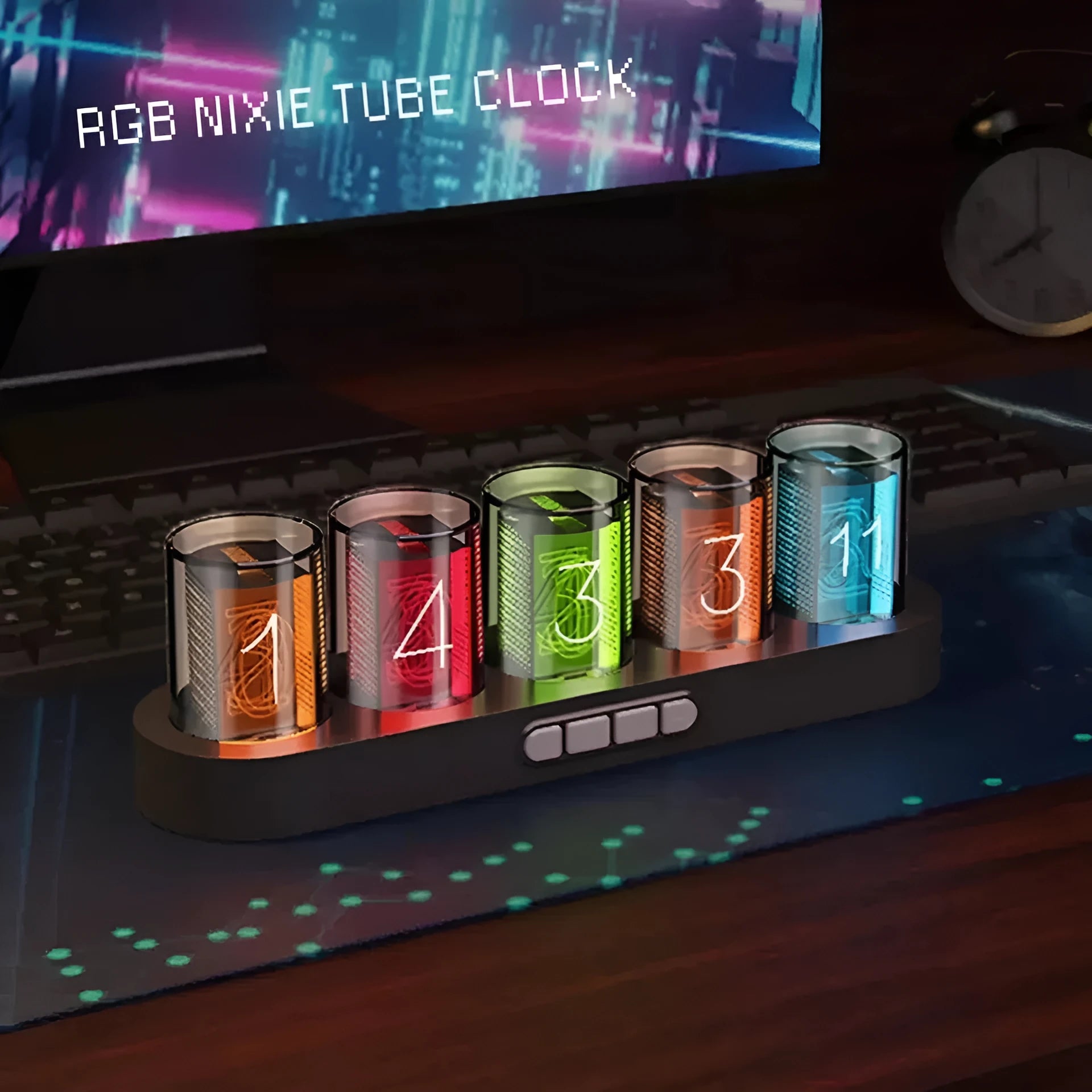 RGB Luminotron digital desktop clock with LED colour display in black, white or wood grain finish