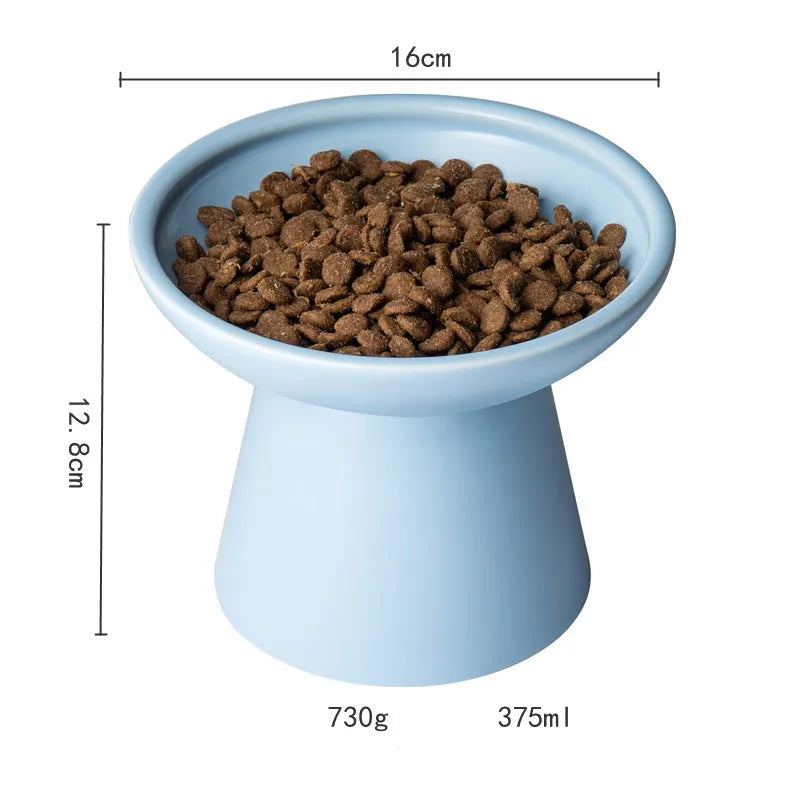 Elevated ceramic cat bowl with wide shallow design in blue green pink or white