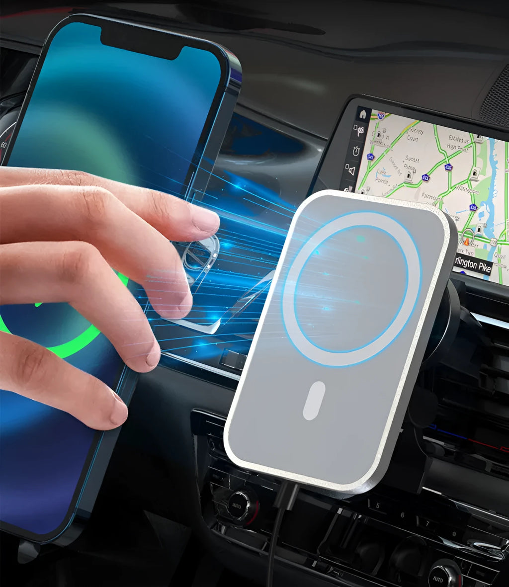 Black magnetic car wireless charger with air vent mount, N52 magnet, Type-C port, 15W output, aluminium alloy and ABS body