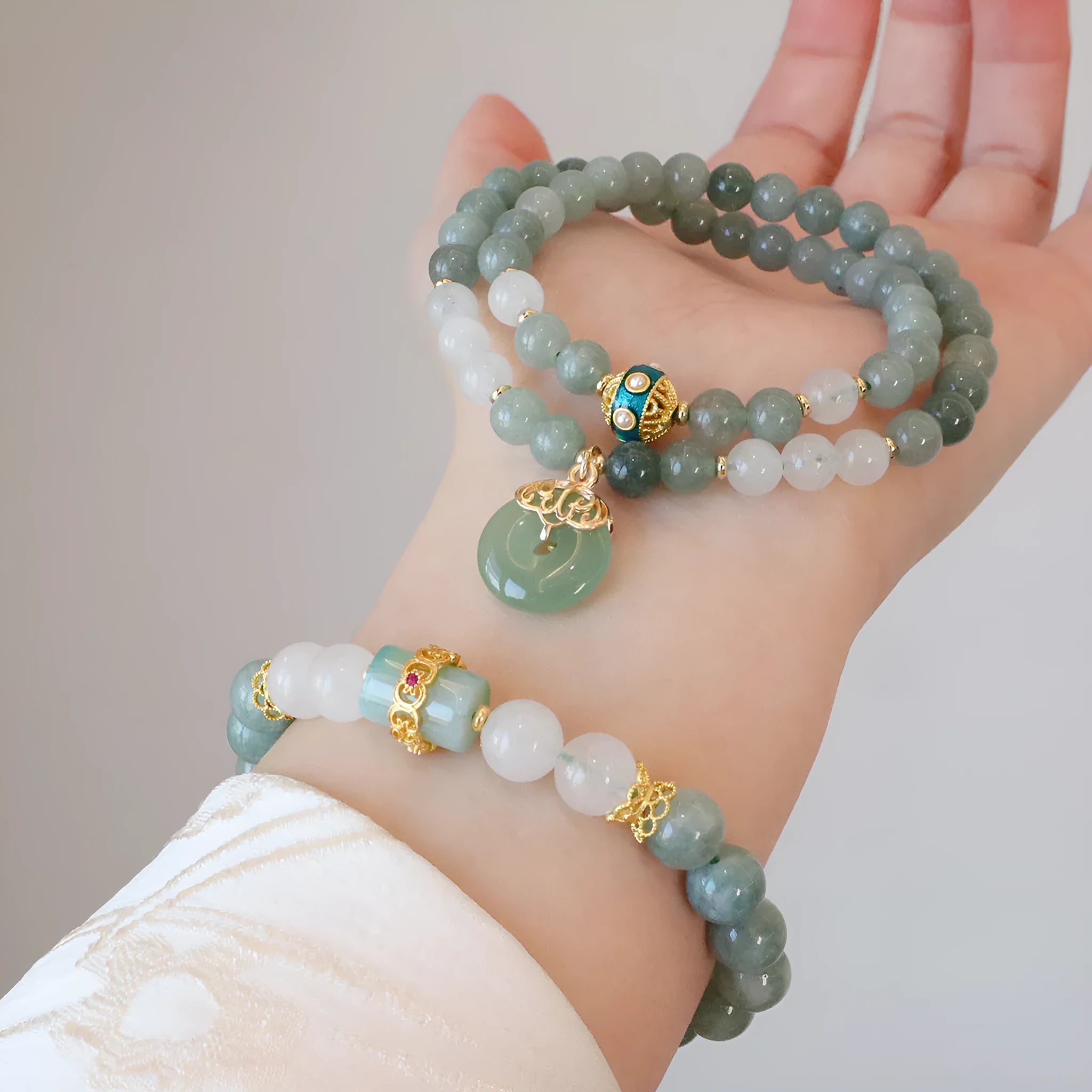 Women's Myanmar jade bracelet with safety buckle pendant and geometric crystal design